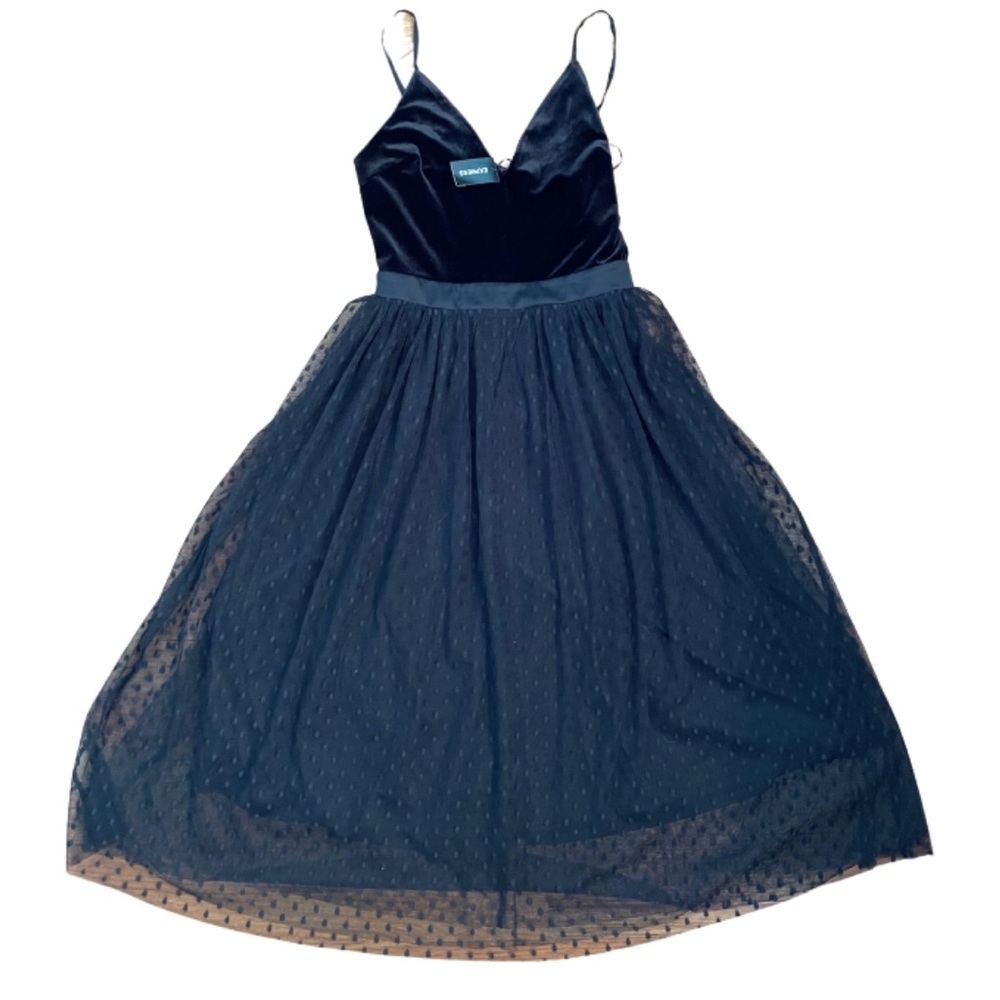 Express Black Velvet Bodice Polka Dot Tulle Midi Dress